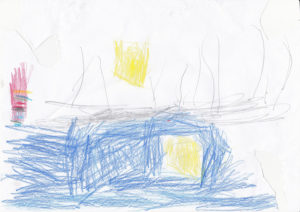 Barnteckning i blått illustrerar vikten av skapande enligt Young-ha Kim.